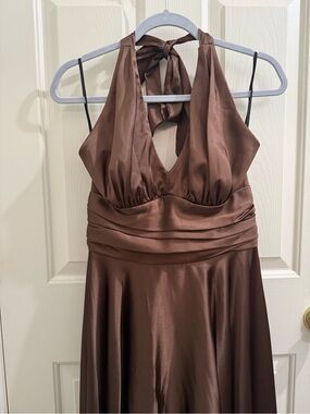 Chocolate Brown Satin Backless Halter Evening Dress